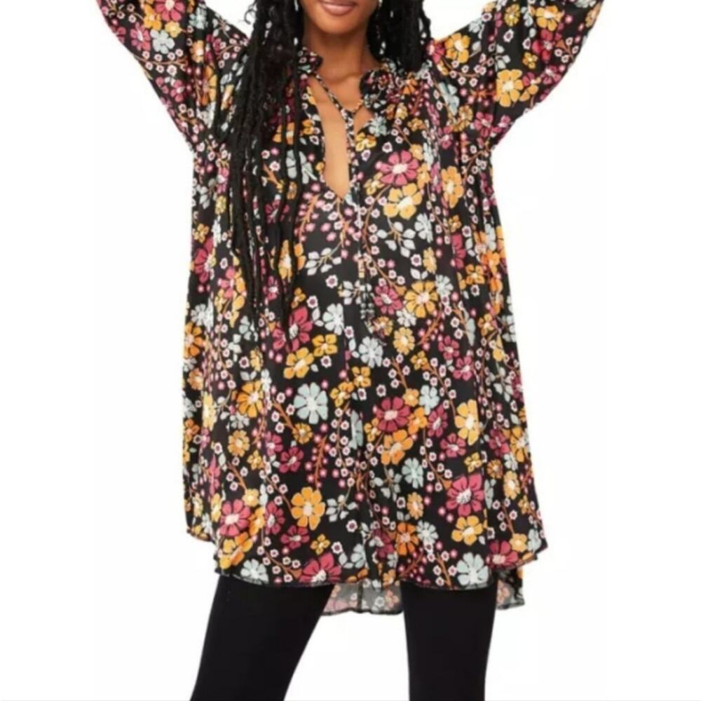 Free People "Daisy Jane" Long-Sleeve Mini Dress, Black/Multi Size L